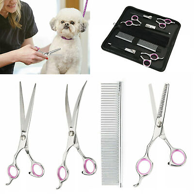 #ad 7quot; Professional Pet Dog Grooming Scissors Set Straight Curved Thinning Shear Kit $14.98