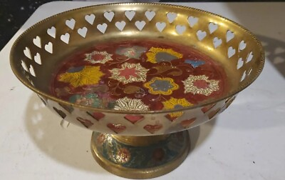 #ad Enameled Hammered Brass Heart Cutout Candy Dish Floral Design Vintage Mcm $32.99