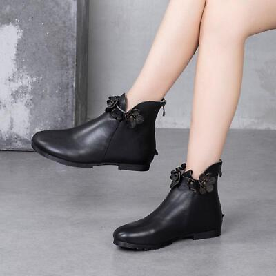 #ad Womens Flowers Retro Flat Round Toe Zip Ankle Boots Leather Pu Casual Shoes $35.59