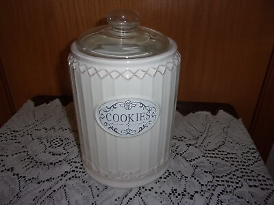 #ad Pier 1 Imports Ceramic Cookie Jar Glass Lid Rare $22.00