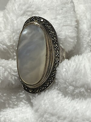 #ad Mother of Pearl Marcasite Sterling Silver Ring Women Oval Large $100.00