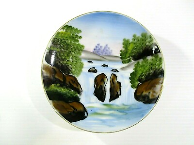 #ad Waterfall Scene Display Plate Sml Made in Japan Gold Leaf Edge 10cm in diameter AU $9.60