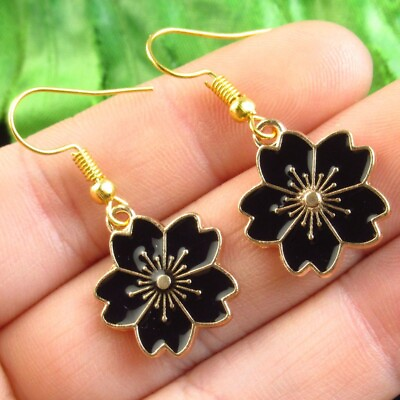#ad 6Pairs Tibetan Gold Enamel Black Flower Pendant Earrings 20x18x1 36mm CT201 $10.78