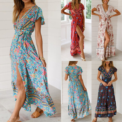 #ad Plus Size Women Boho Floral Maxi Dress Ladies Summer Beach Holiday Wrap Sundress $18.39