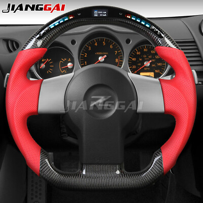 #ad LED Carbon Fiber Flat Steering Wheel Fit For Nissan 350Z 03 08 Red Leather $599.00