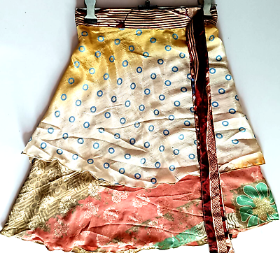 #ad Vintage Sari Magic Wrap Skirts Multicolor Bohemian Hippie Skirt Mini Skirt $21.83