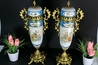 #ad PAIR antique porcelain Brass romantic cherub putti Vases $910.00