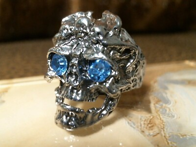 #ad mens heavyweight 925 silver plated biker skull ring crystal blue eyes $14.99