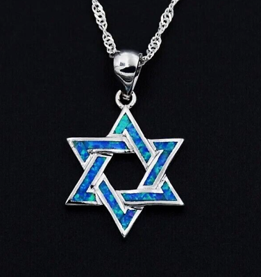 #ad Star of David Blue Fire Opal Silver Ancient Judaic Metaphysical Pendant Jewelry $25.00