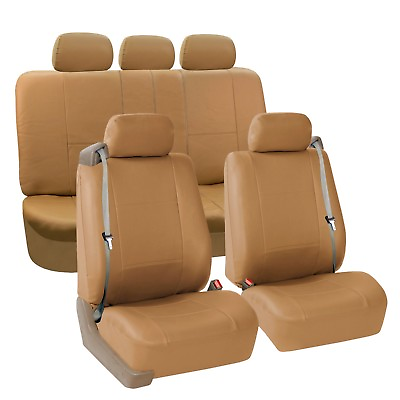 #ad PU Leather Seat Covers Full Set For Built In Seat belt Car Sedan SUV Solid Tan $72.99