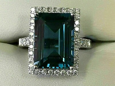 #ad 9CT Emerald Cut Lab Created London Blue Topaz Diamond Ring 14K White Gold Plated $107.50
