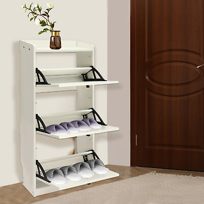 #ad Modern White Shoe Cabinet with 3 Flip Drawers Tipping Bucket Shoe Rack Storage $69.00