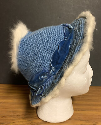#ad Antique Women#x27;s Wired Hat Blue Knitted Crochet w Velvet amp; Angora Fur Trim OOAK $24.95