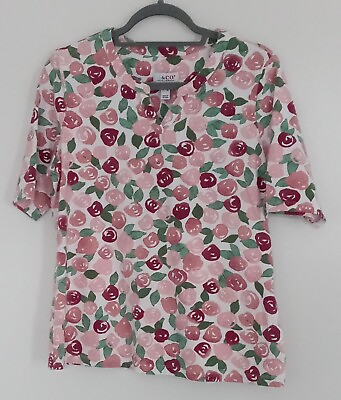 #ad Denim amp; Co White amp; Pink Floral Blouse V Neck Women#x27;s Size Small Pre owned $24.99