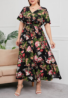 #ad Plus Size Tropical Floral Tie Waist Flowy Maxi Dress $27.99