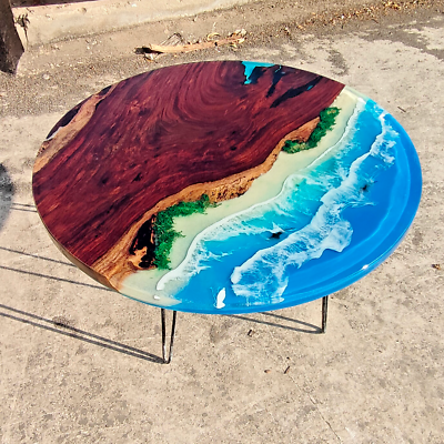 #ad epoxy resin table ocean art 18quot; dia 20quot; high wood side handmade $276.00