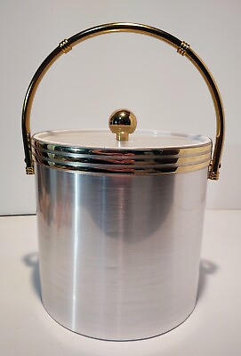 #ad Vintage Brushed Silver Look Ice Bucket with Gold Trim amp; Plastic Lid $19.70