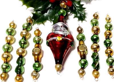 #ad Vintage Christmas Ornaments 7 Mercury Glass Bead Icicles SANTA Green Gold sn41 $26.77