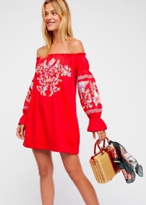 #ad Free People Oversized Embroidered Red Dress Women’s Size XS $48.00