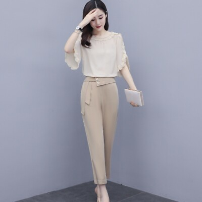 #ad 2Pcs Womens Korean Fashion Chiffon Shirt Tops Slim Cropped Pants Trousers Suits $42.82