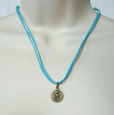 #ad Womens Seahorse Necklace Nautical Blue Ribbon 21quot; Bronze Tone Handmade $8.95