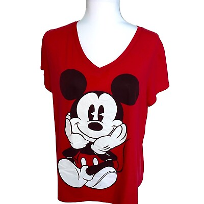 #ad Disney Mickey Mouse 2X Red V Neck T Shirt $20.00