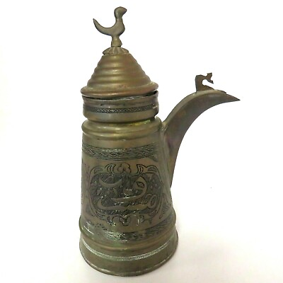 #ad Antique Signed Arabic Dallah Brass with Long Handle 9.5quot; Height Coffee Pot $69.00