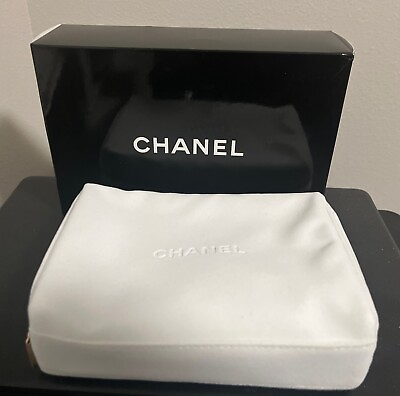 #ad NEW IN BOX CHANEL White Velvet Makeup Bag Gold Chanel Pendent Zipper Pull $49.99