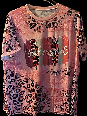 #ad Womens Tee Leopard Watermelon Color Block “blessed” Casual Plus 2X $24.99