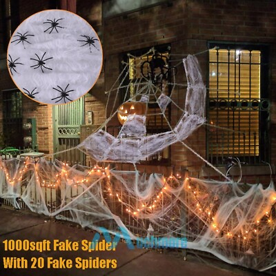 #ad 1000 sqft 100 grams Spider Web Cotton w 20 Fake Spiders Halloween Outdoor Decor $8.63