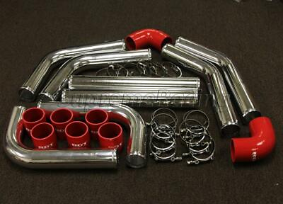 #ad CHROME 3quot; DIY TURBO INTERCOOLER PIPING KIT 8PC RED SILICONE COUPLERS T CLAMPS $134.54