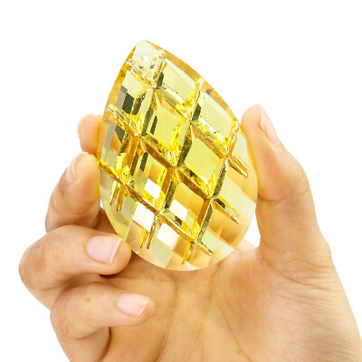 #ad 75MM Yellow Openwork Grid Crystal Suncatcher Prism Glass Hanging Pendant Decor $5.90