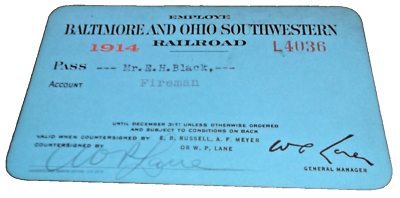 #ad 1914 BALTIMORE amp; OHIO SOUTHWESTERN RAILROAD EMPLOYEE PASS #4036 $60.00