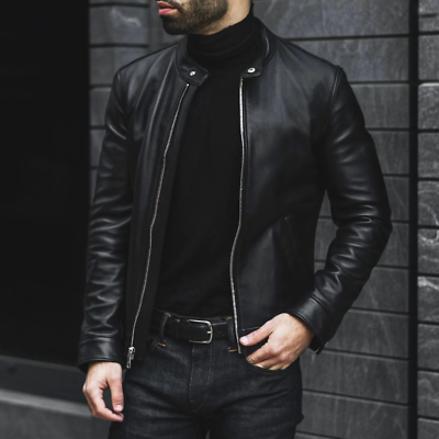 #ad New Black Racer Leather Jacket Men Biker Moto Pure Lambskin Size S M L XL XXL $140.53