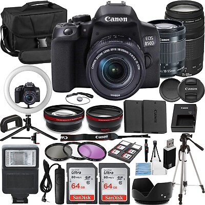 #ad Canon EOS850D Vlogger Kit:18 55mm amp; 75 300mm Lenses2x64GB CardRing LightMore $1199.00