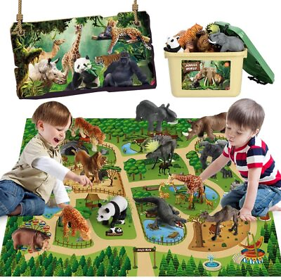 #ad Safari 12pcs Wild Animal Figures Toy Wild Jungle Activity Play Mat Model Playset $28.99