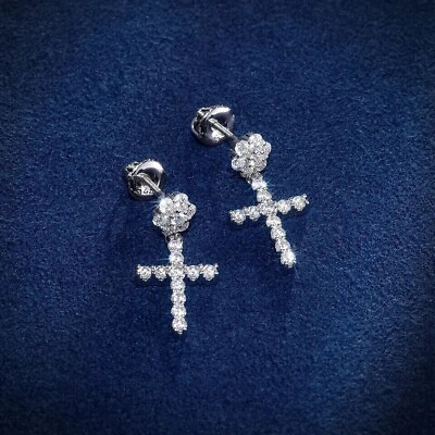 #ad Round Simulated Diamond Unisex Cross Drop Dangle Earrings 14k White Gold Plated $124.99