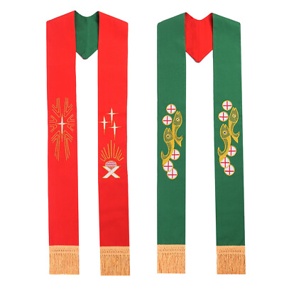 #ad Clergy Stole Catholic Priest Embroidered Stole Red Green Reversible With Tassel $26.99