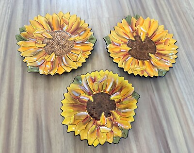 #ad 3 Tuscan Sunflower Decorative Clay Art Plates Hand Painted $29.99