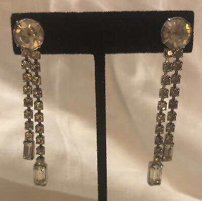 #ad Vintage Long Clear Rhinestone Double Strand Dangle Earrings 2 1 2quot; Jewelry $9.98
