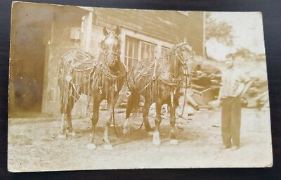#ad Vintage Stable Boy Standing Next to Fancy Horses RPPC Photo Postcard $19.95
