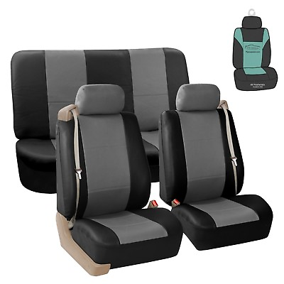 #ad Seat Covers PU Leather For Built In Seat belt Car Sedan SUV Gray Black w Gift $59.99