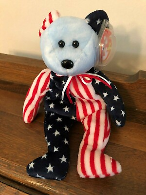 #ad ty Original Beanie Baby Retired Spangle the Bear Blue Face Red Blue Error on Tag $200.00