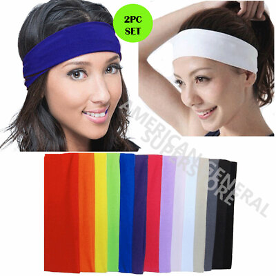 #ad 2pc HEADBAND Stretch Sports Yoga Gym Black Hair Band Wrap Sweatband Womens Mens $2.99