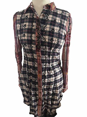 #ad Free People Collared Flannel Tunic Top Floral Embroidered Boho Multicolor S $27.20