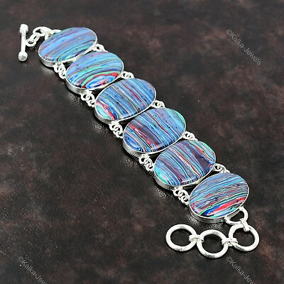 #ad Gift For Her Natural Rainbow Calsilica Chain Adjustable Bracelet 925 Silver $37.50