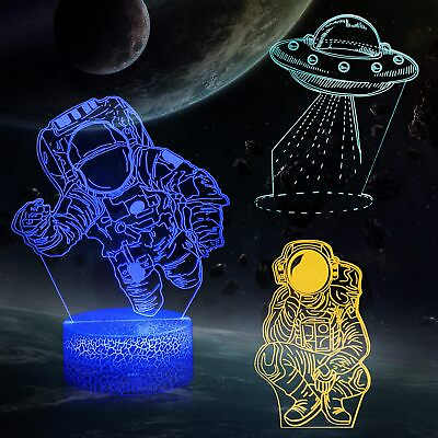 #ad 3 Patterns Spaceman UFO Spaceship 3D Night Light Boys Astronaut Illusion Lamp $30.99