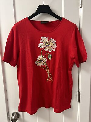 #ad Bob Mackie Wearable Art Short Sleeve Cotton Floral Embroidered Red Tee Top Sz L $14.99