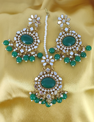 #ad Indian Gold Plated Bollywood Style Glass Green Kundan Earrings Tikka Jewelry Set $29.99