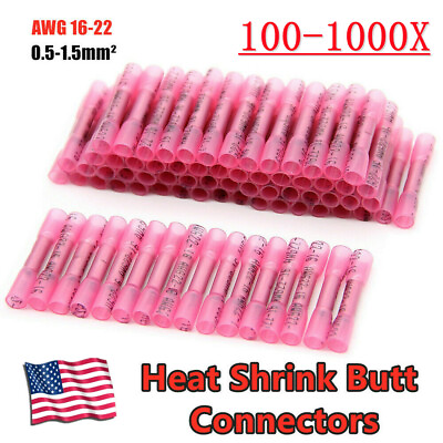 #ad 100 1000X Heat Shrink Waterproof Wire Connectors Red 22 16GA Butt Seal Terminals $14.58